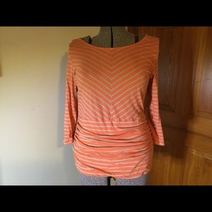 Orange & khaki XL Orvis top w/ ruching, 3/4 length